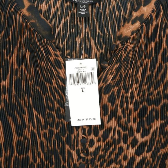 NWT Lauren Ralph Lauren Animal Ocelot Print Pleated Georgette Blouse Top L - Picture 6 of 7
